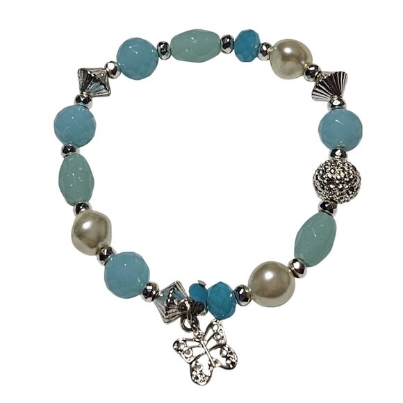 Handcrafted Boho Butterfly Charm Beaded Bracelet Stretch Aqua Beads Faux Pearls - Picture 1 of 3